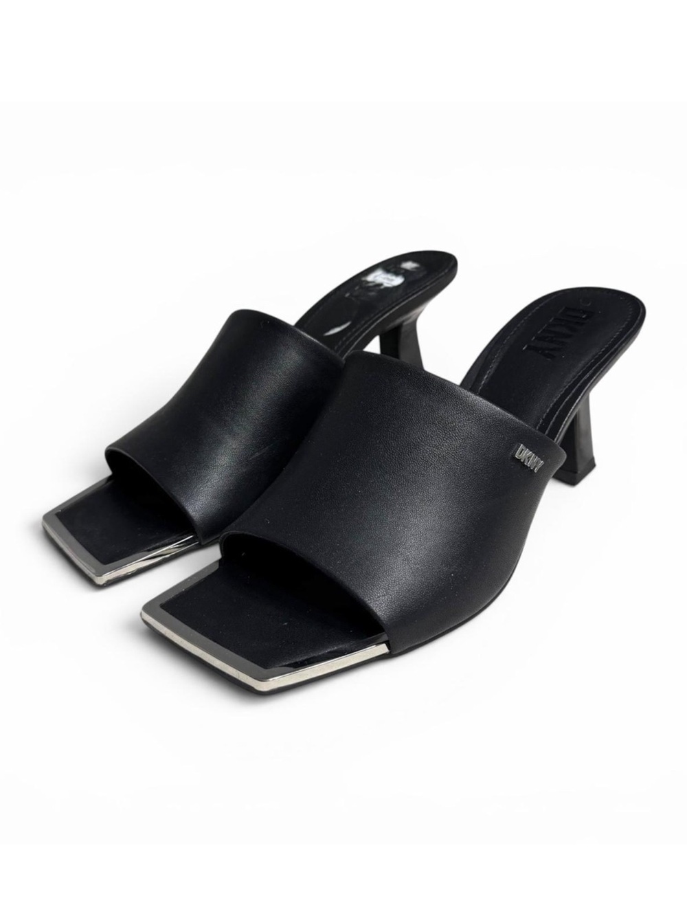 DKNY Leather Black & Silver Kellyn Mule Heeled Sandals